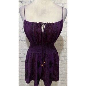 Advance Apparels Purple Boho Dress Smocked Bodice Embroidered Details - One Size